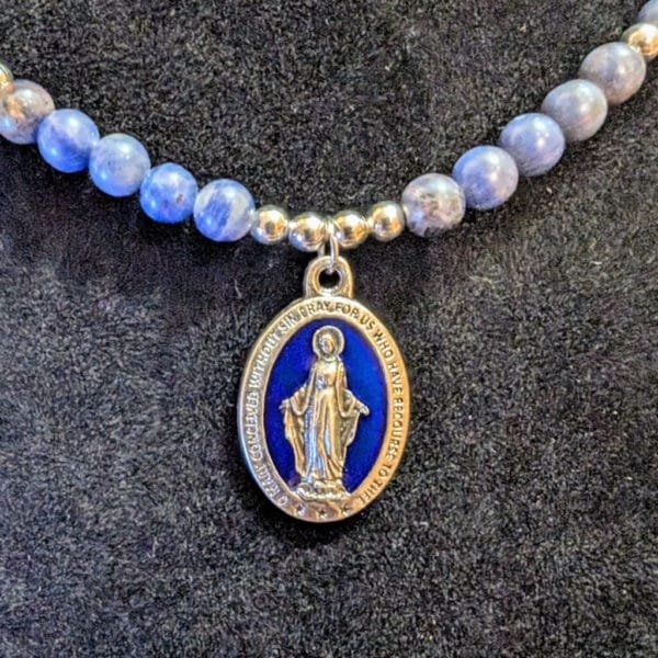 Blue Stone 4mm Beaded Necklace Our Lady of Guadalupe Charm